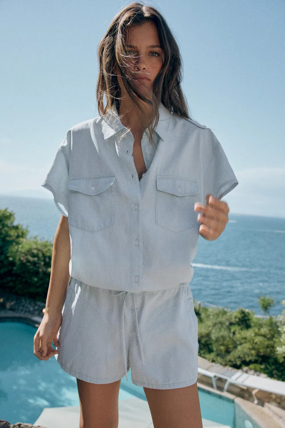 Комбинезон-шорты свободного кроя с карманами ZARA, Light Blue — фото 3