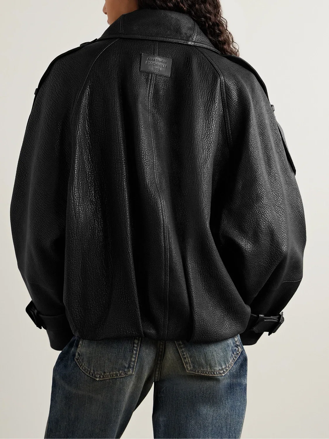 Двубортная кожаная куртка с текстурой Acne Studios, черный — фото 4