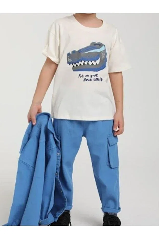 Детская футболка для мальчиков с принтом Boy'S Cotton Dinosaur Printed T-Shirt Zekids, Ecru — фото 3