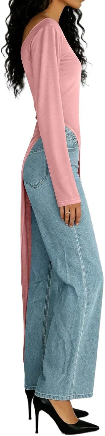 Женское платье с высоким разрезом, длинным рукавом, Pink — фото 2