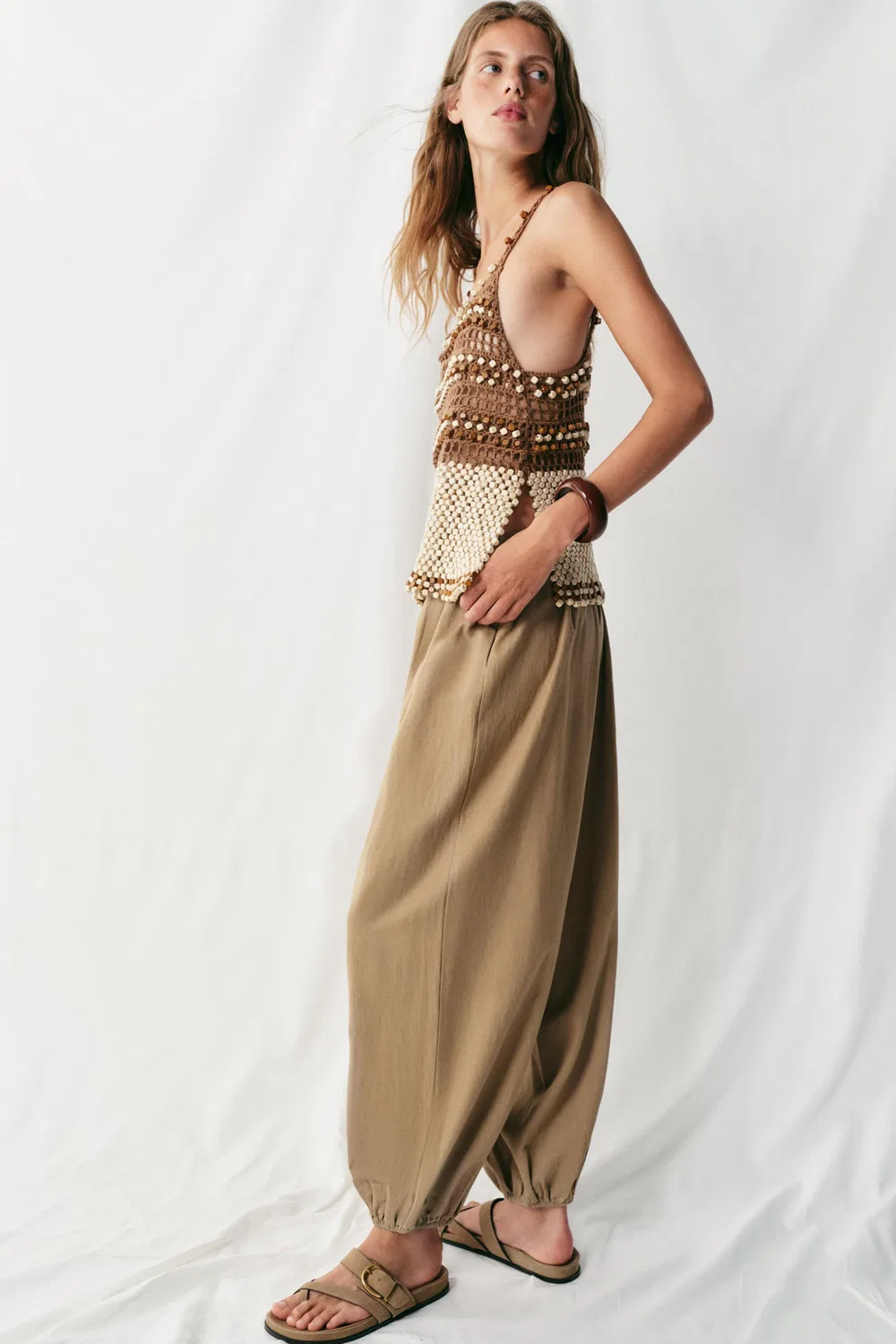 Брюки-саруэль из льняной смеси ZARA, Sand — фото 4