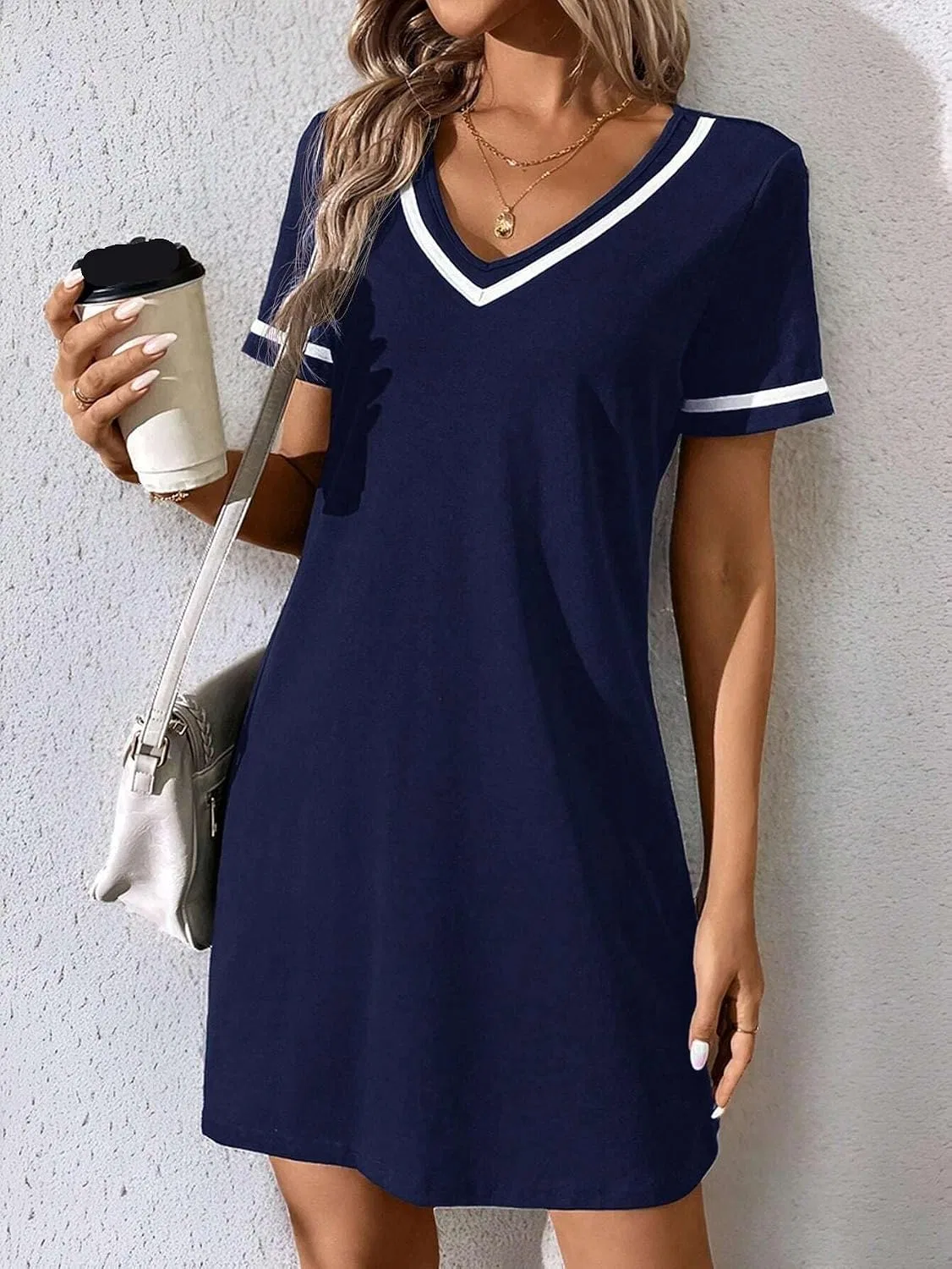 Женское повседневное платье с V-образным вырезом и колорблок, Navy Blue — фото 2