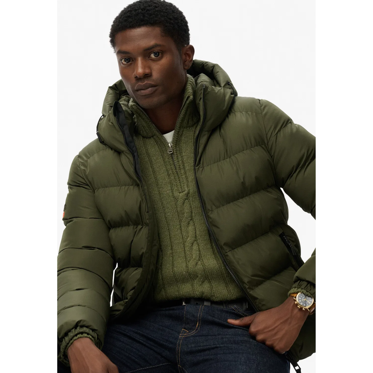Мужская стеганая куртка с капюшоном Superdry, Army Khaki — фото 3