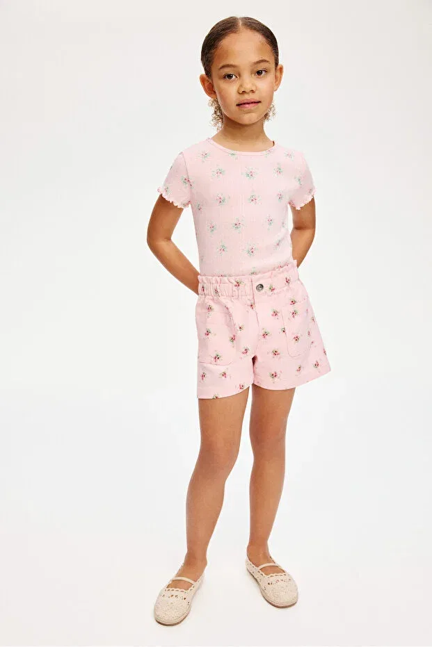 Детские шорты для девочек с принтом Paper bag waisted gabardine shorts H&M, Light Pink Floral