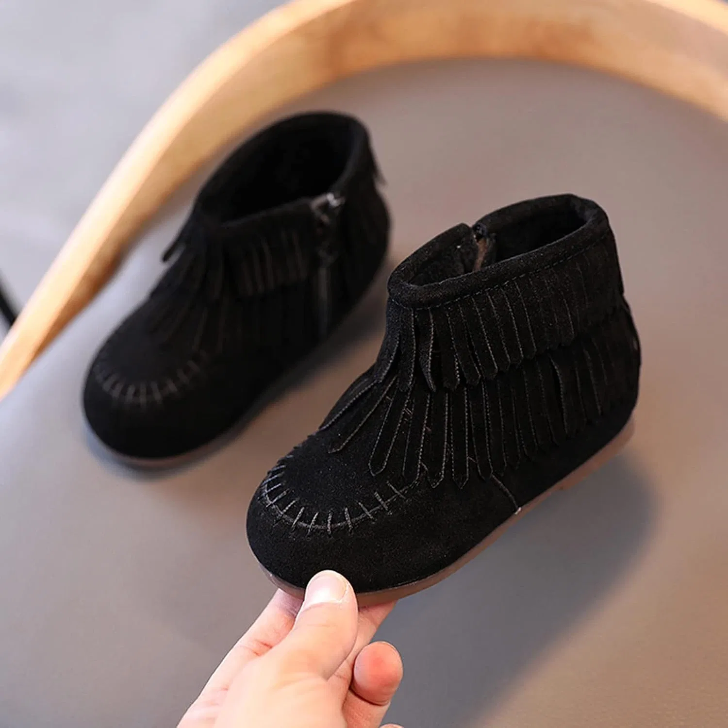 Детские ботинки для девочек с бахромой Retro POLG, Black — фото 2