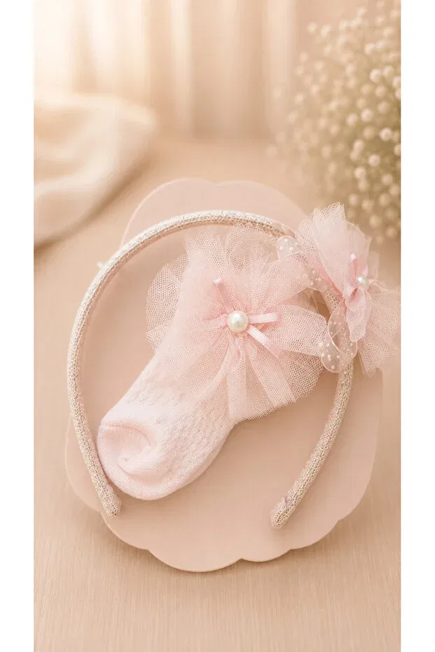 Детский комплект носочков для девочек с принтом Princess Tulle Flower Detailed Baby Girl Socks And Crown Set Benbilge, Pink