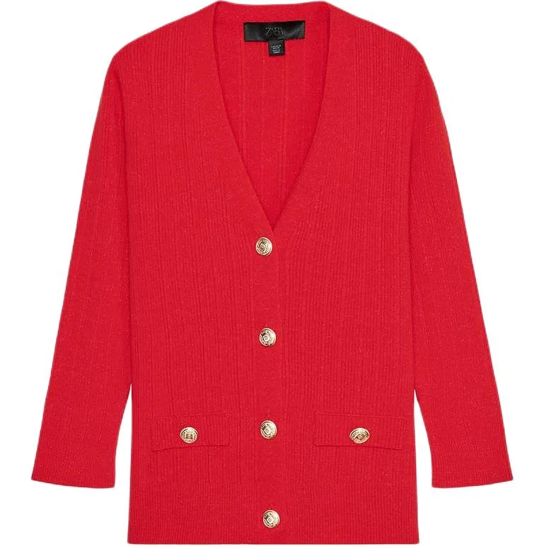 Женский вязаный кардиган с V-образным вырезом, умеренной длины, Red, ZARA