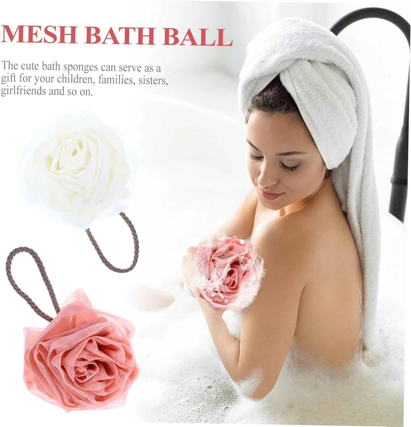 Набор мочалок для душа из сетки, Beatifufu, 4 шт, 190 г, Розовый Белый — фото 3