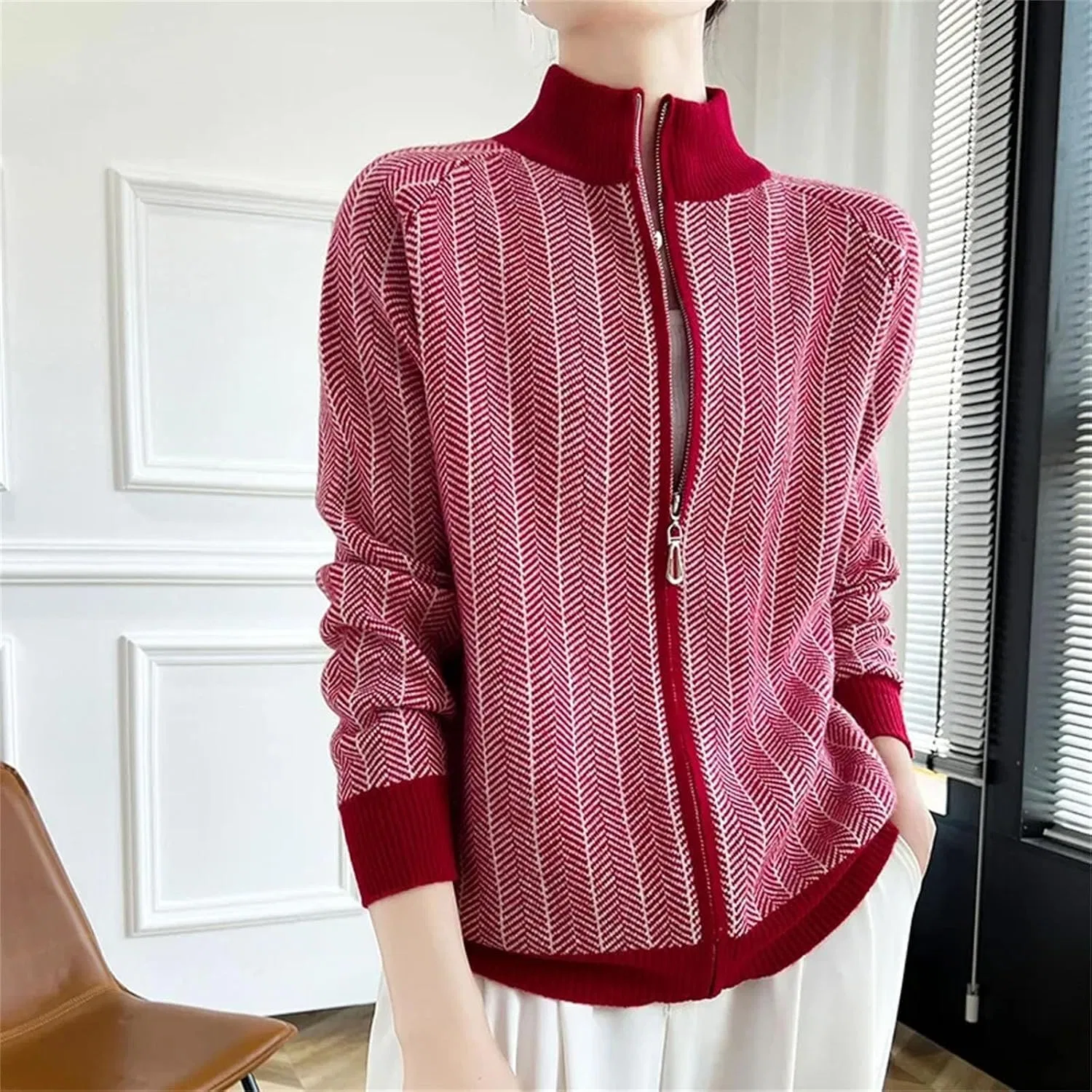 Женский кардиган с молнией, воротником-стойкой, свободного кроя, Pure Wool Knitted, Raw Velvet Rice — фото 4