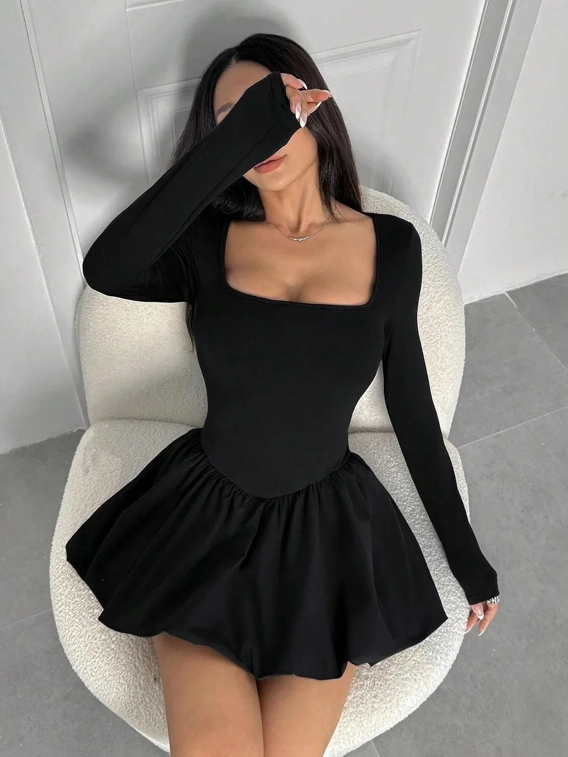 Женское платье A-силуэта мини с длинным рукавом, Black — фото 3