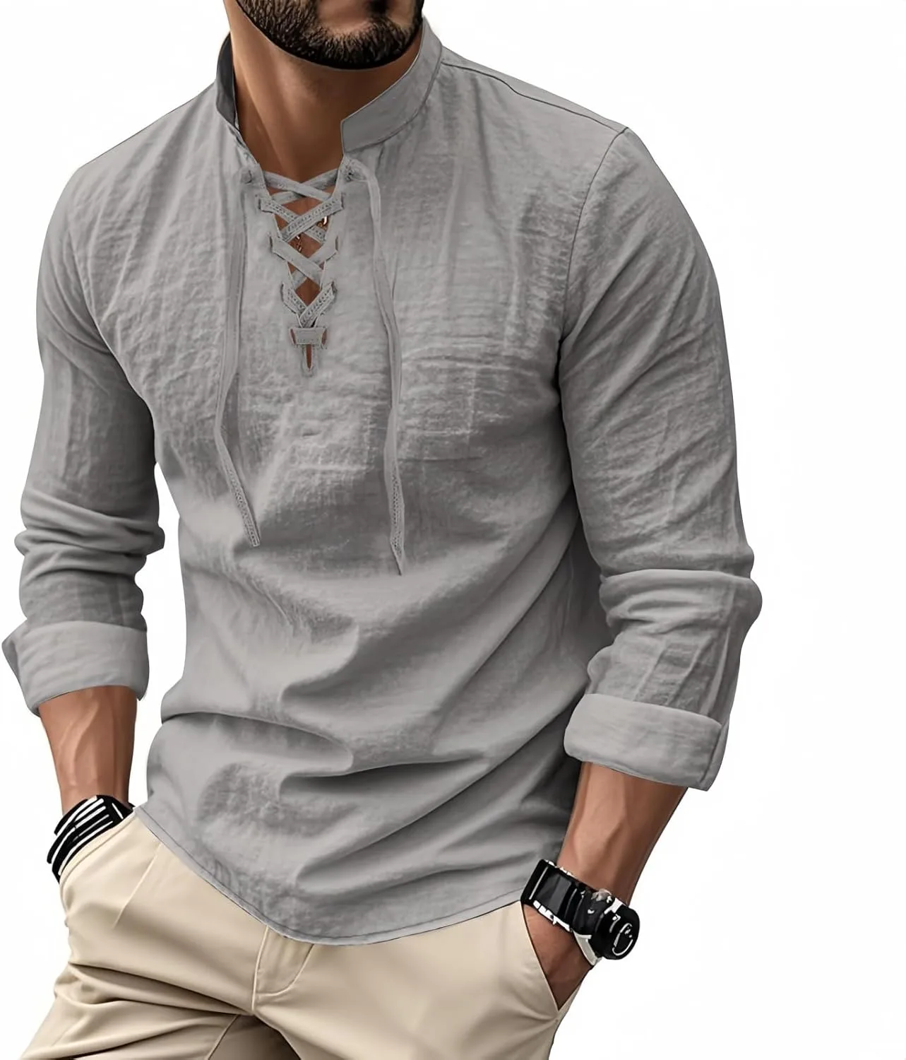 

Мужская льняная рубашка хенли с V-образным вырезом и длинными рукавами Thredorn