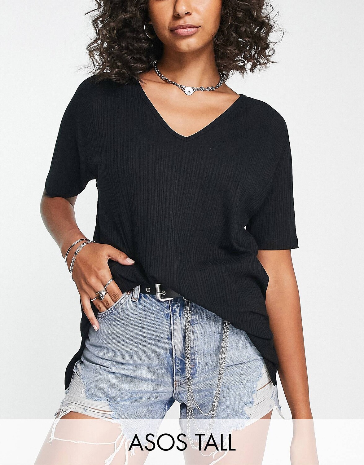 

Черная футболка оверсайз с v-образным вырезом в рубчик ASOS DESIGN Tall, Черный, Черная футболка оверсайз с v-образным вырезом в рубчик ASOS DESIGN Tall