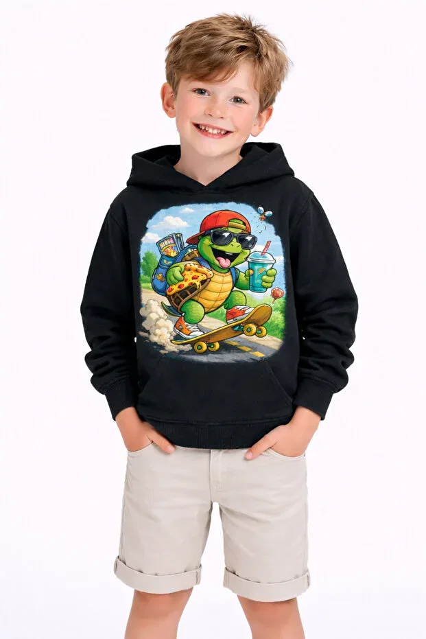 Детское худи для девочек с принтом Turtle printed 3 thread ş fleece-lined k hooded children's sweat Artyus, Black