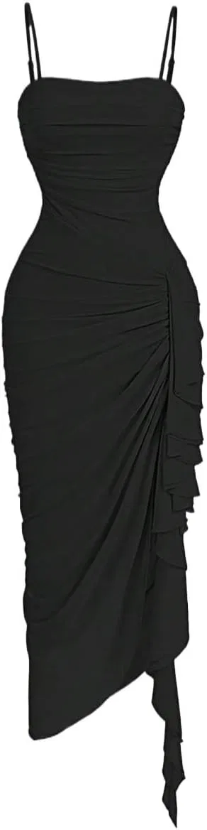 Женское асимметричное платье миди с рюшами Black, Black