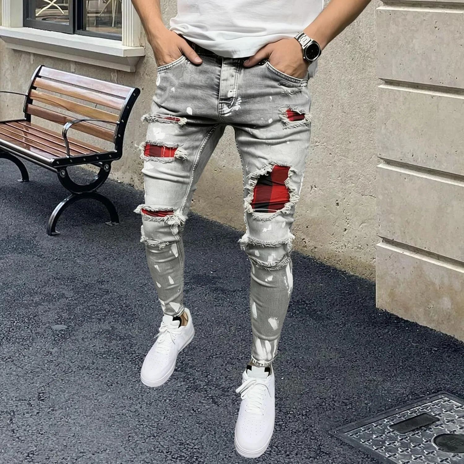 Джинсы, потертые, Slim Fit, серые — фото 2