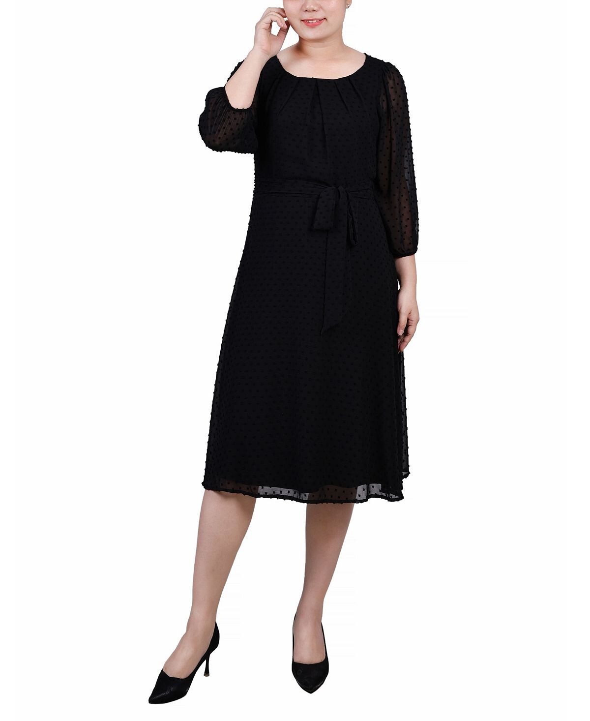 

Миниатюрное платье в горошек с заколками на рукавах 3/4 NY Collection, черный