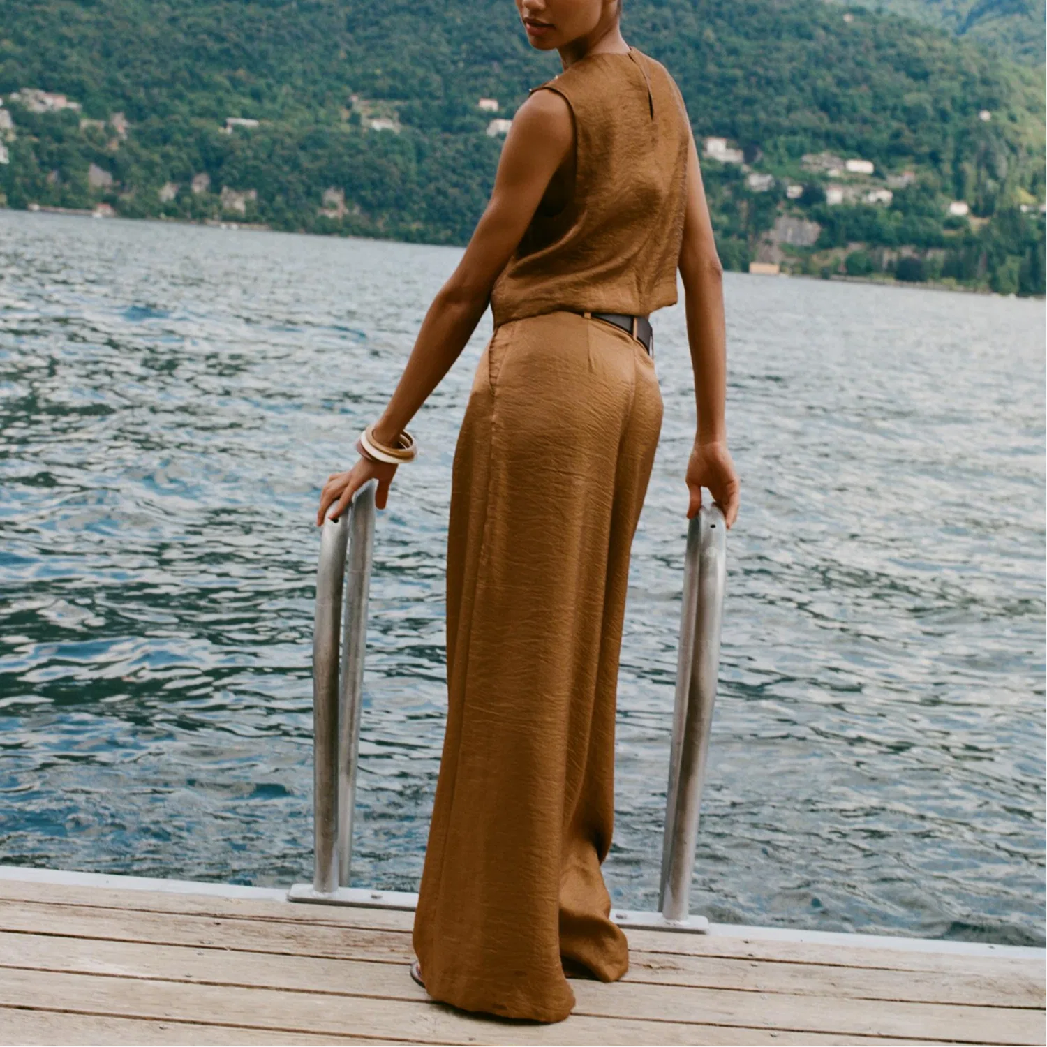 Женские брюки свободного кроя с широкими штанинами Brown ZARA, Brown — фото 4