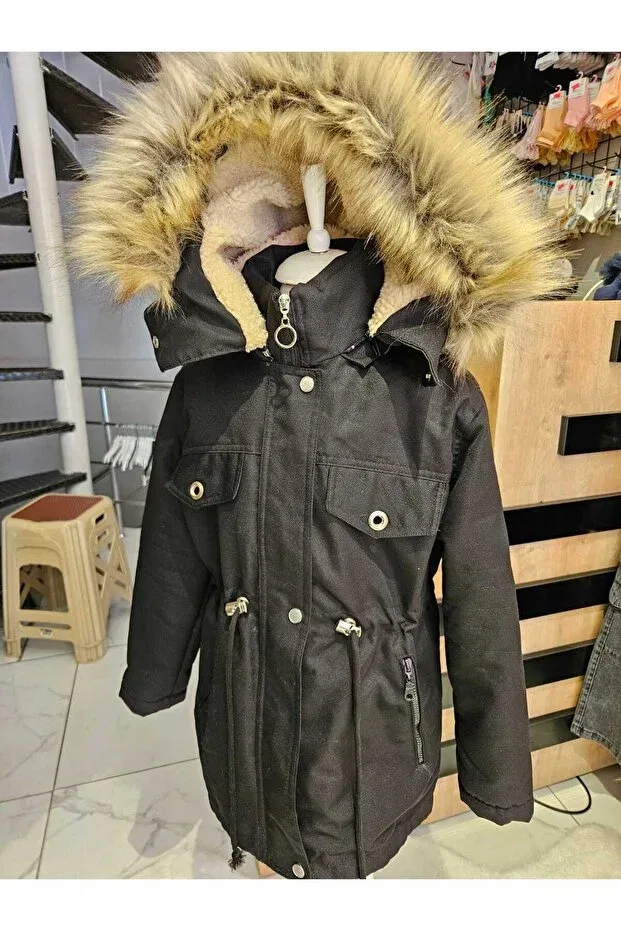 Детское зимнее пальто для девочек с длинным рукавом Selçuk Giyim, Black
