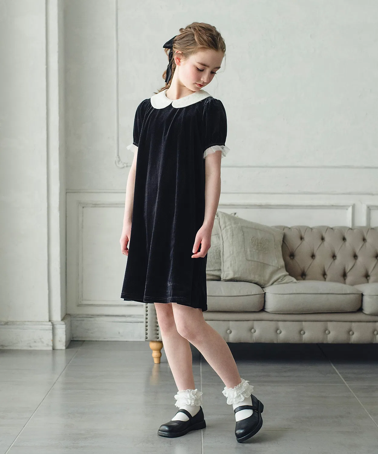 Детское платье из вельвета с блестками и круглым воротником Spangle DRESCCO, Black — фото 3