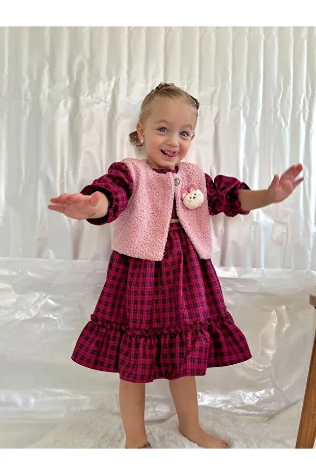 Детское платье для девочек с принтом Plaid girl's dress with plush vest Cherrys Bebek, Dark Pink — фото 2