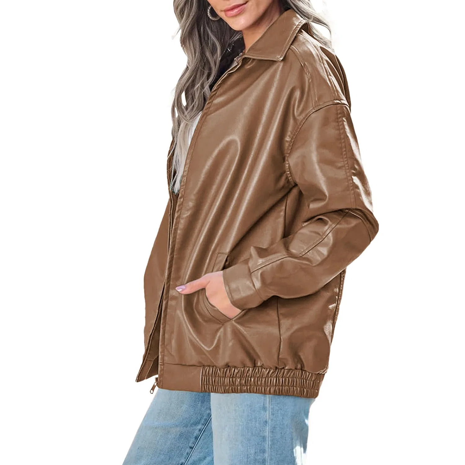 Женская куртка-косуха из экокожи с длинным рукавом, Camel — фото 3