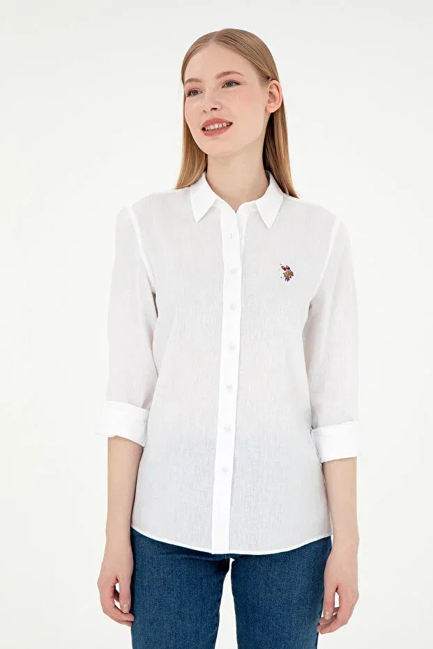 Женская рубашка льняная с длинным рукавом U.S. Polo Assn., White — фото 3