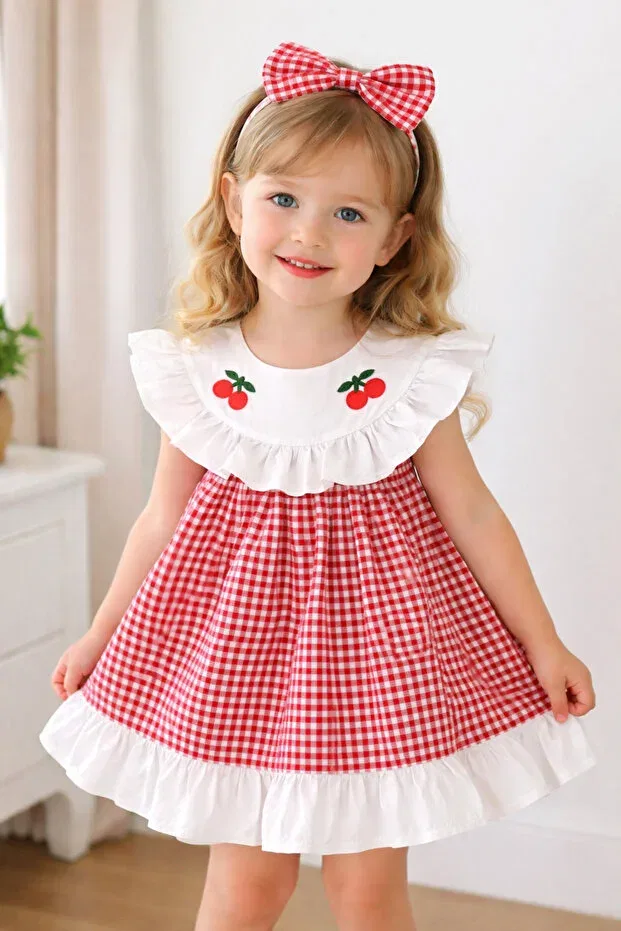 Детское платье для девочек с принтом Cherry Embroidered Ruffled Plaid With Headband Bilge Trend, Red