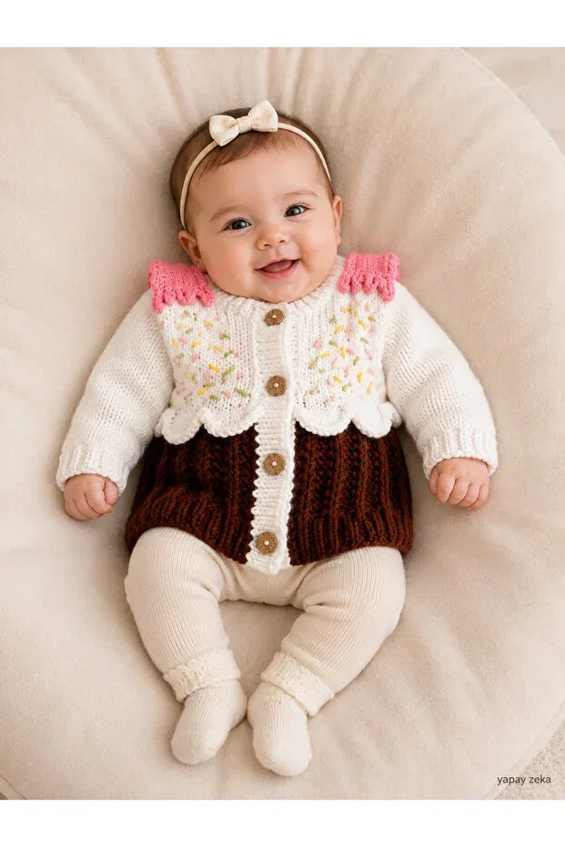 Детский кардиган для девочек с цветочным принтом Hand-Knitted baby cardigan handmade Hobilanka, White — фото 2