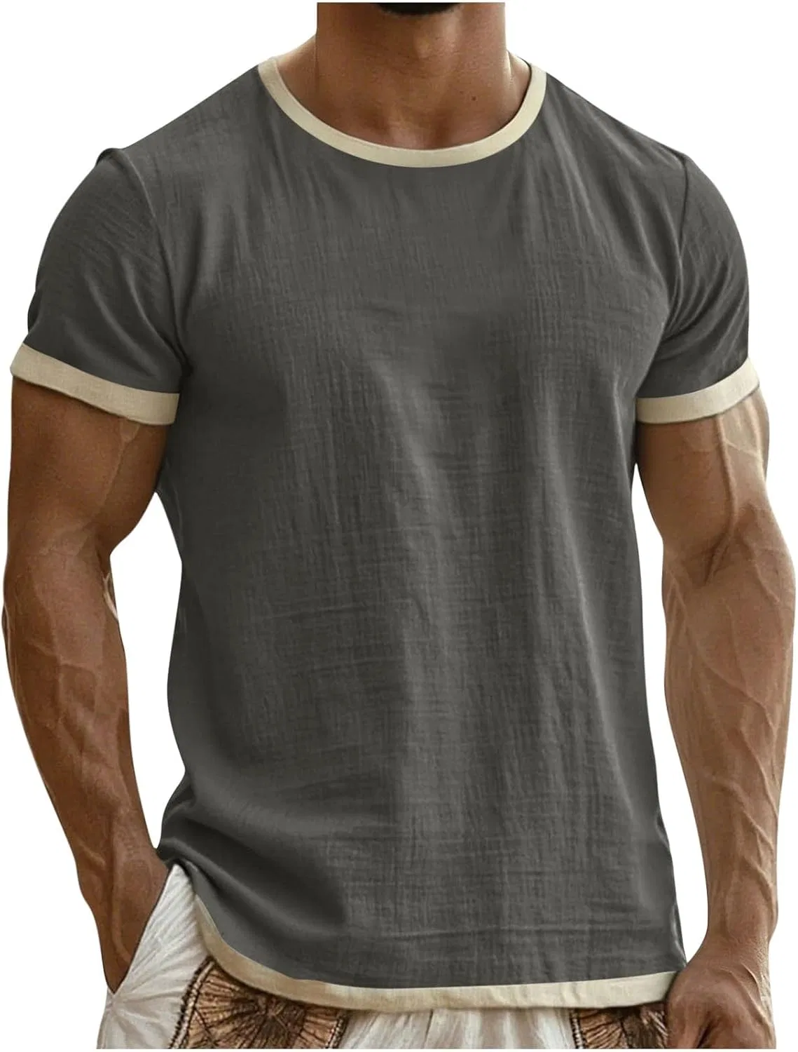 Мужская свободная льняная футболка с коротким рукавом, Dark Gray