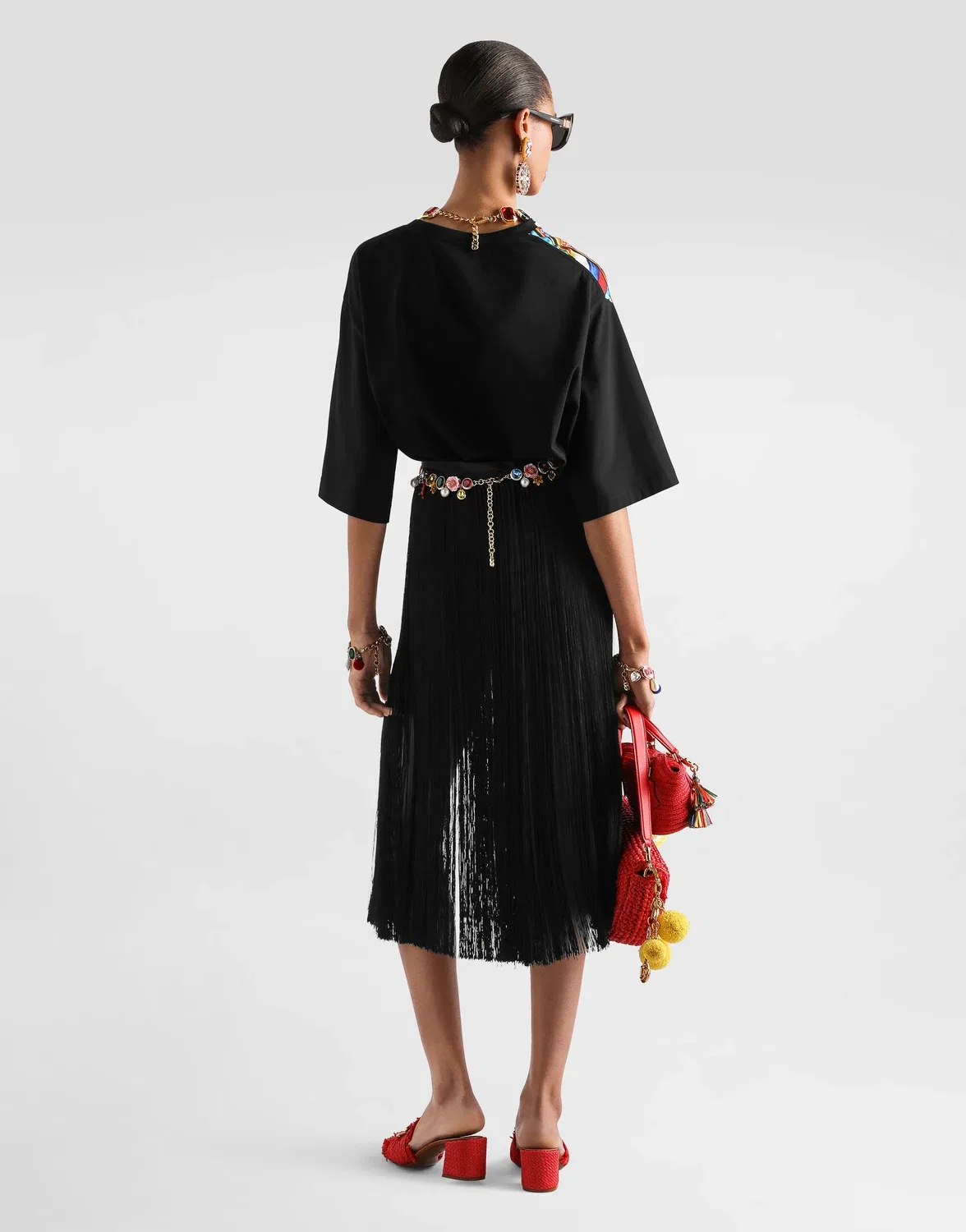 Длинная юбка с бахромой из атласа DOLCE & GABBANA, черный — фото 3