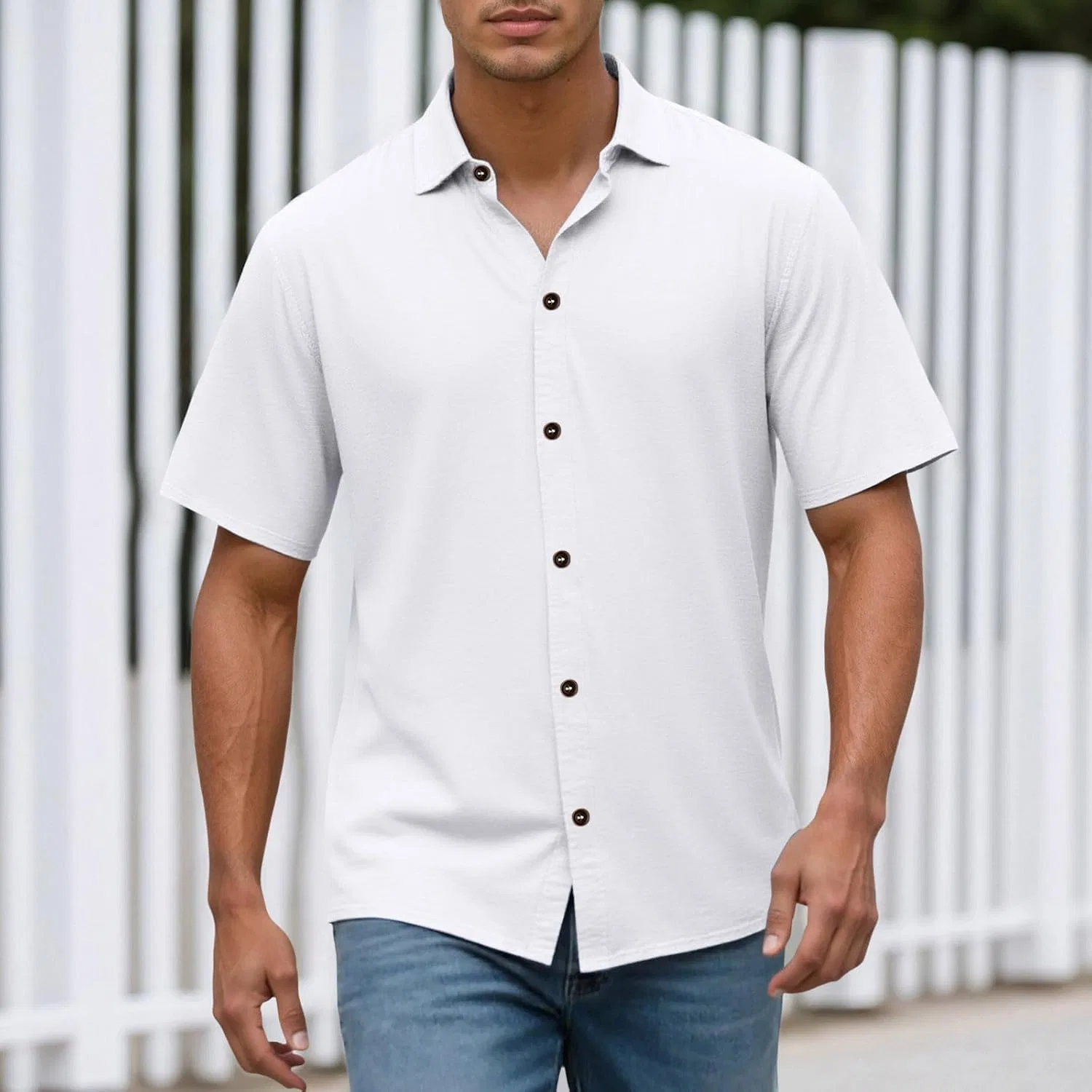 Мужская рубашка с коротким рукавом, slim fit, хлопок, белый — фото 2