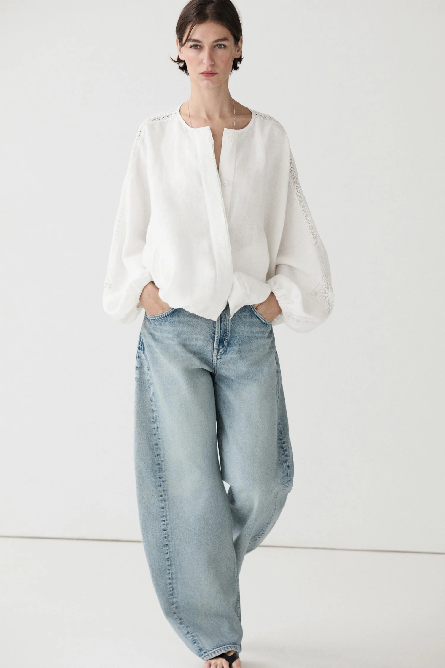 Бомбер Massimo Dutti 100% Linen With Embroidered Detail, белый — фото 2