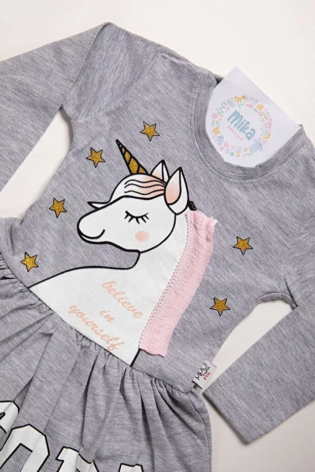 Детское платье для девочек с принтом Unicorn Mika Bebek & Çocuk, Gray — фото 4