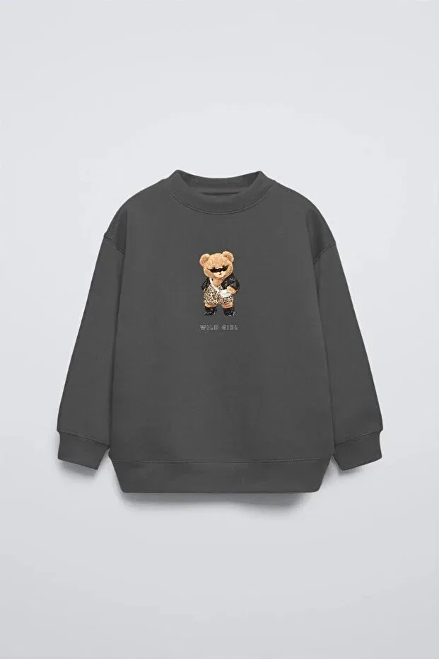 Детские свитшот для девочек с принтом Smoked Crew Neck Glasses Teddy Bear Printed Oversize Kids The Champ Clothing, Smoked