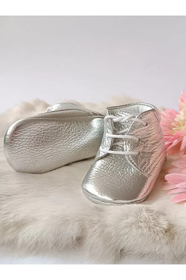 Детские пинетки для девочек из натуральной кожи Hodore, Silver — фото 3