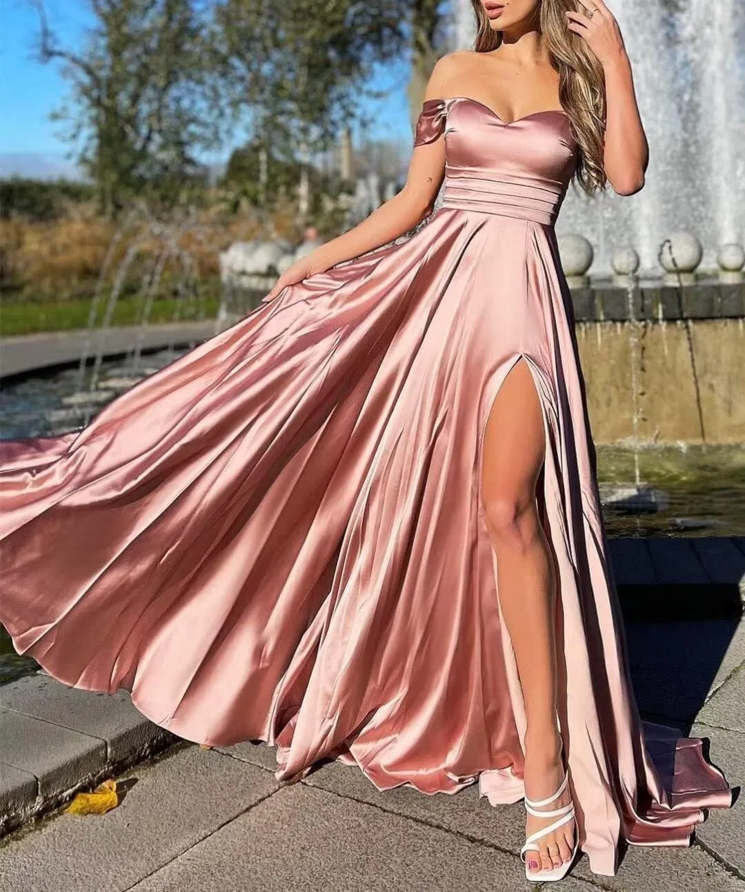 Женское атласное платье для подружки невесты с карманами A-line Off the Shoulder, Champagne — фото 3