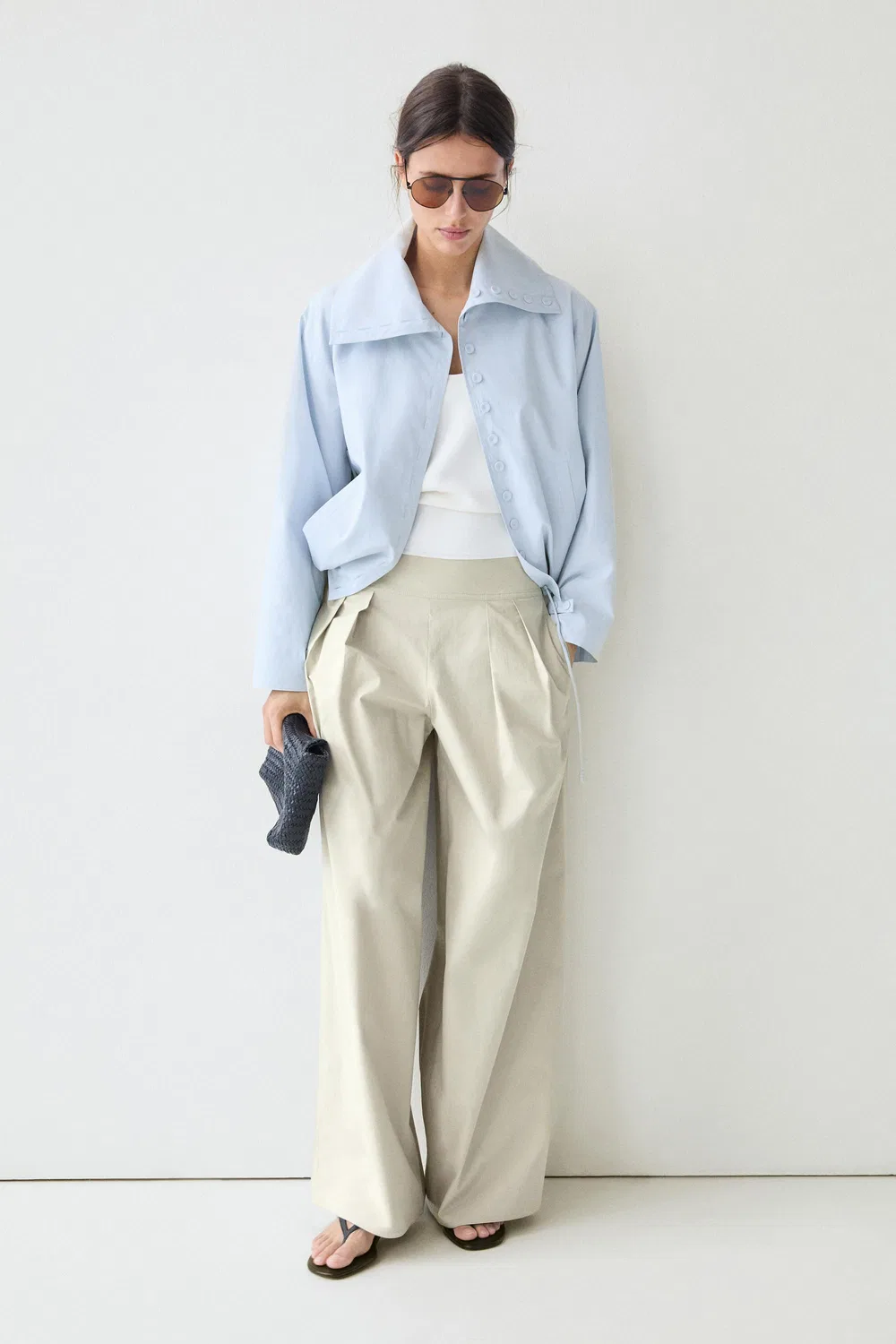 Широкие брюки Massimo Dutti, с плиссированным поясом, серовато-зеленый — фото 4