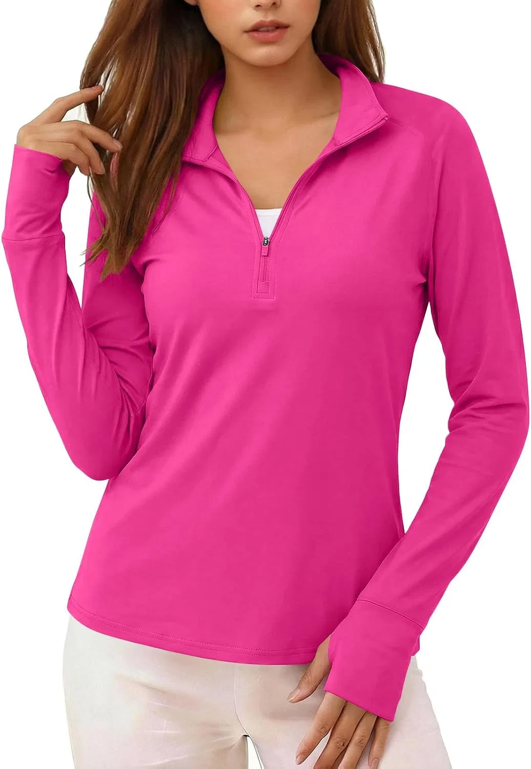 Женская рашгард с защитой UPF 50+ с четвертью замком, Hot Pink — фото 2