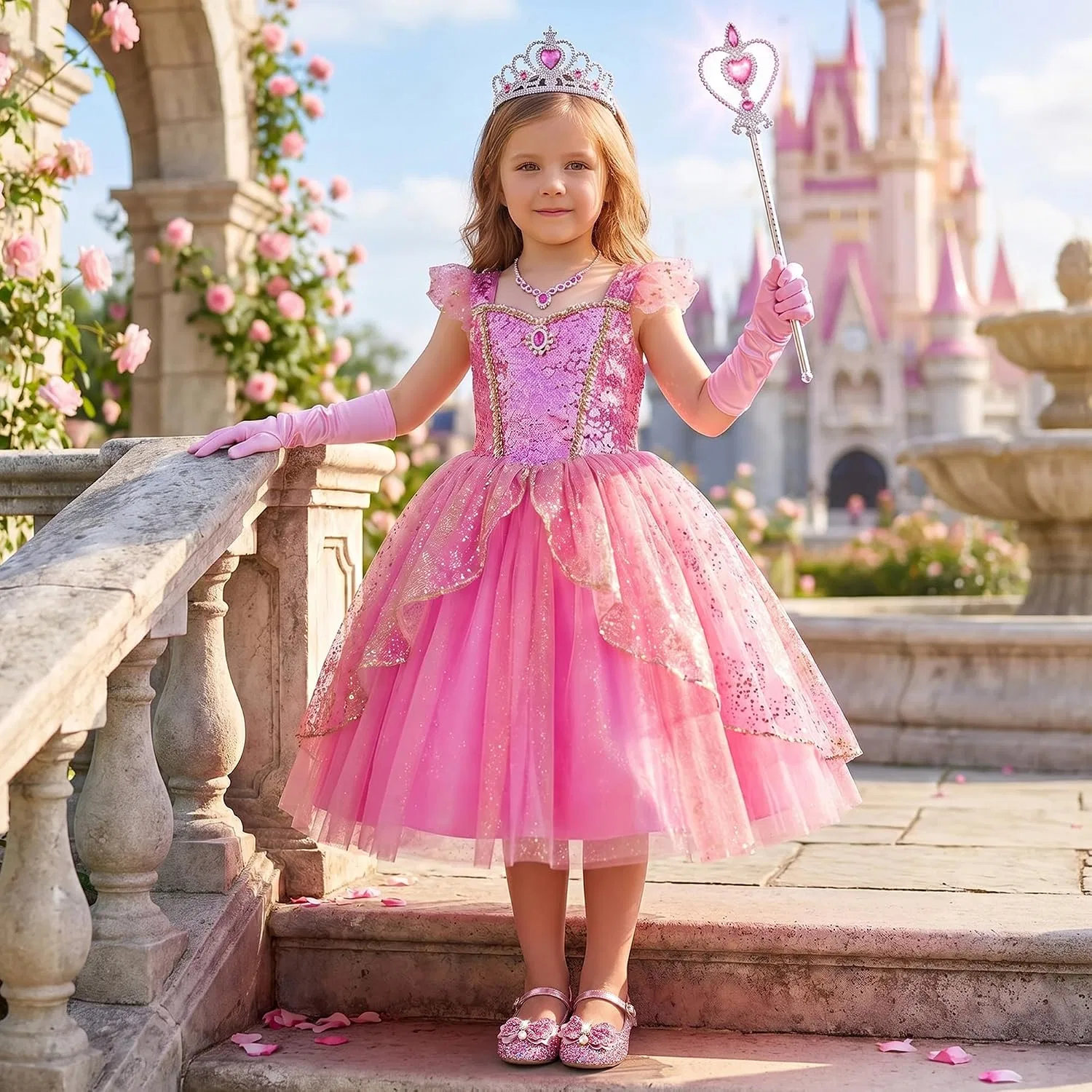 Детские туфли для девочек с блестками и цветком Furdeour, Sequin Pink — фото 3