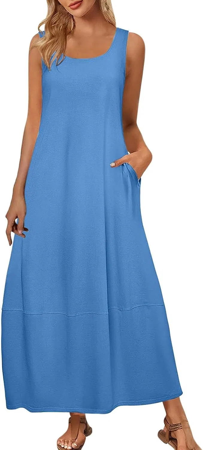 Женское летнее сарафан-макси A-Line с карманами, Light Blue