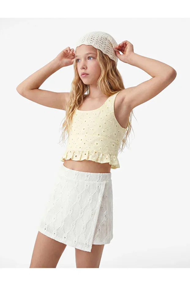 Детские шорты для девочек с принтом Double-Breasted scalloped embroidered mini shorts skirt Koton, Ecru — фото 2