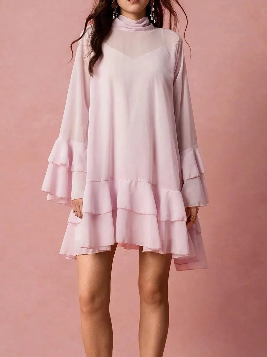 Женское платье A-силуэта с расклешенным рукавом и оборками, Pink — фото 4