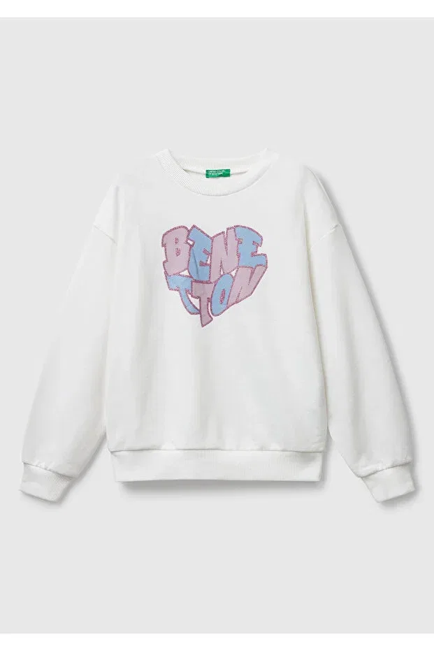 Детские свитшот для девочек с принтом Glitter Logo United Colors Of Benetton, Ecru
