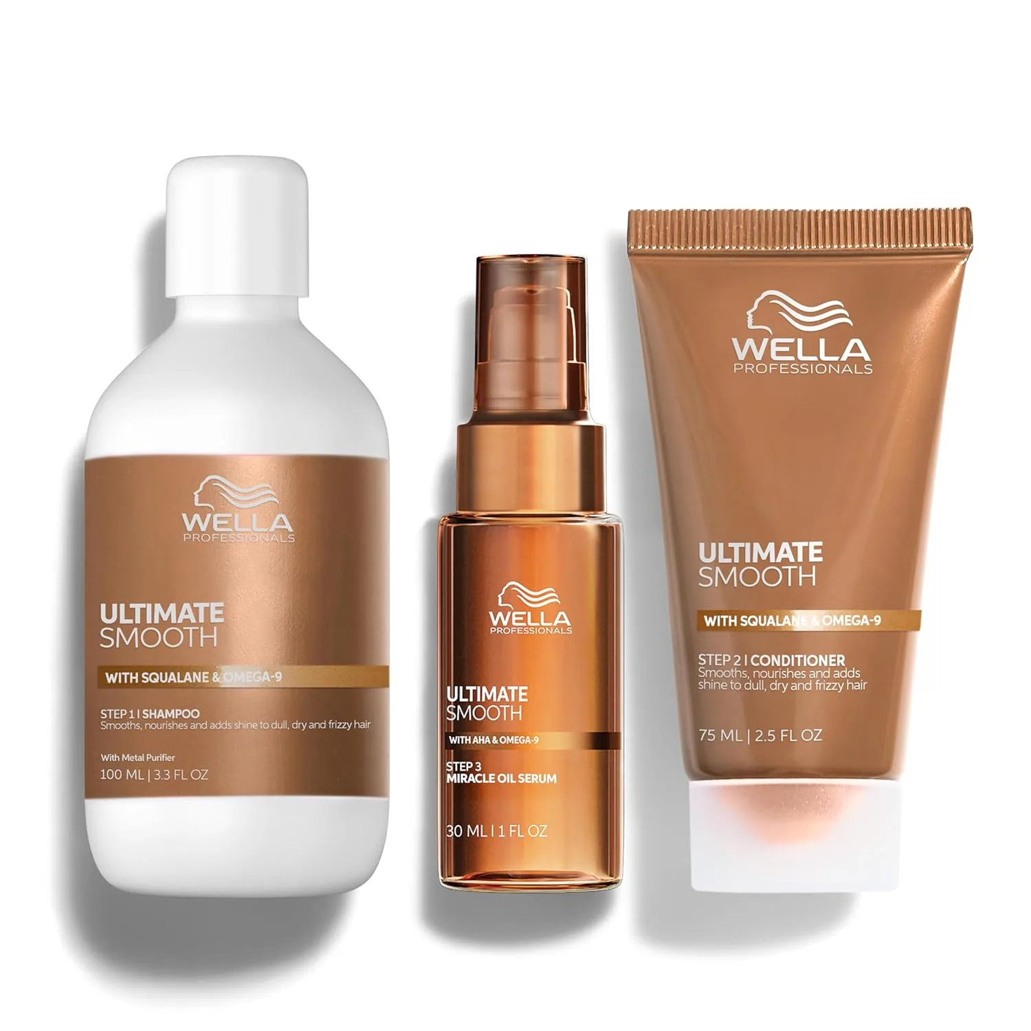 Wella Professionals ULTIMATE SMOOTH шампунь, кондиционер и сыворотка-масло Miracle Hair Oil, набор 3 шт, для сухих, тусклых и непослушных волос, питает, разглаживает и придает шелковистый блеск, термозащита, безопасно для окрашенных волос 204 мл...