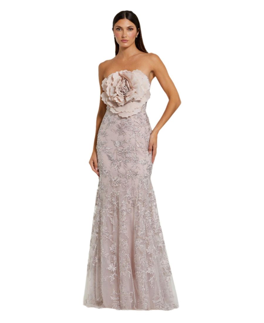 

Женское платье-русалка без бретелей, расшитое бисером и украшенное цветами Mac Duggal, Mocha