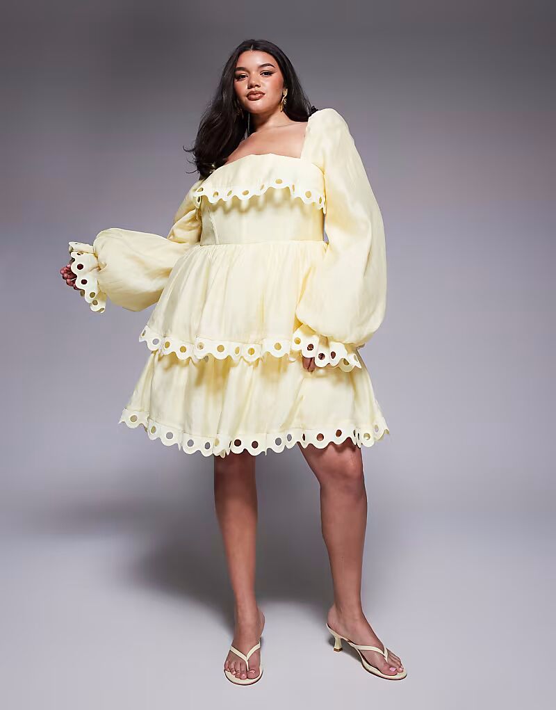 

Мини-платье ASOS LUXE Curve с ярусными рукавами-фонариками и вырезами в молочном цвете