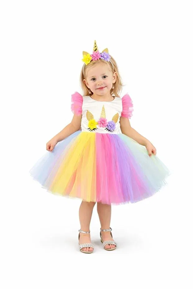 Детское платье для девочек с принтом Girl'S Crowned Dress With Colorful Tutu Skirt S.T. Sebat Tekstil, Pink — фото 4