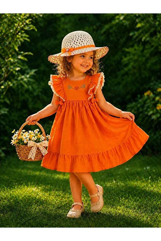 Детское платье для девочек с принтом Orange Ruffled Embroidery Detailed Girls' Dress with a Hat as a Gift Kozadankids, Orange — фото 3