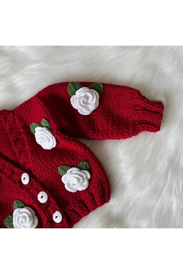 Детский кардиган с цветочным принтом Rose Motif Hand Knitted Baby Home, Red — фото 3