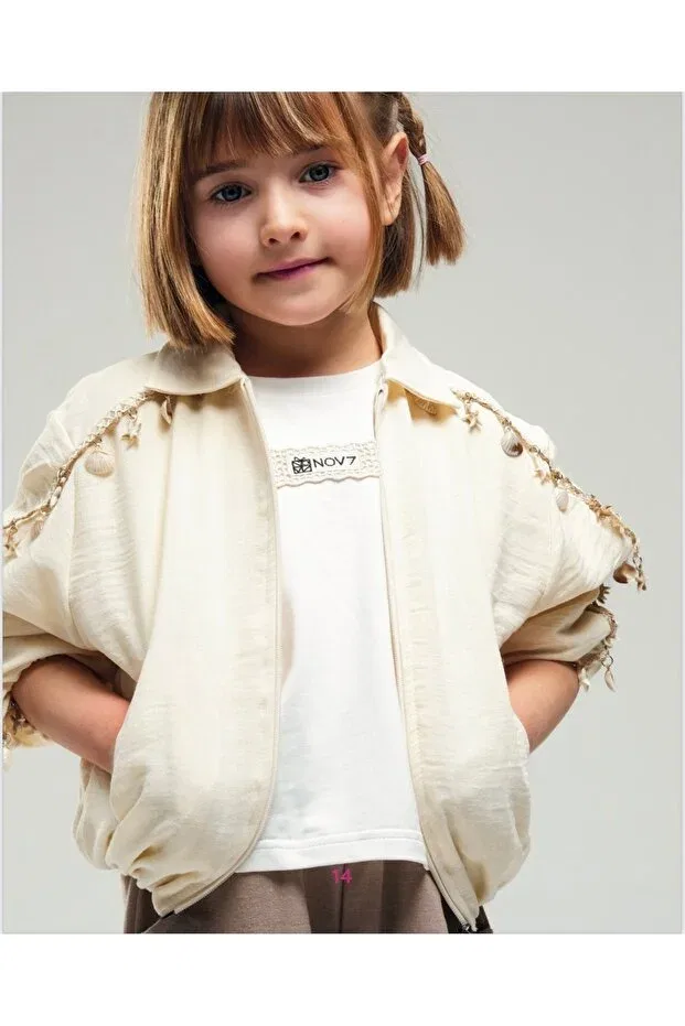 Детская куртка для девочек хлопковая Limi girl's soft raw linen combed cotton lined summer jacket with shell details Loco Loco, Nude Color — фото 4